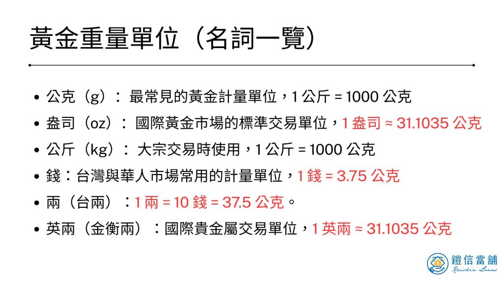 黃金重量單位（名詞一覽）