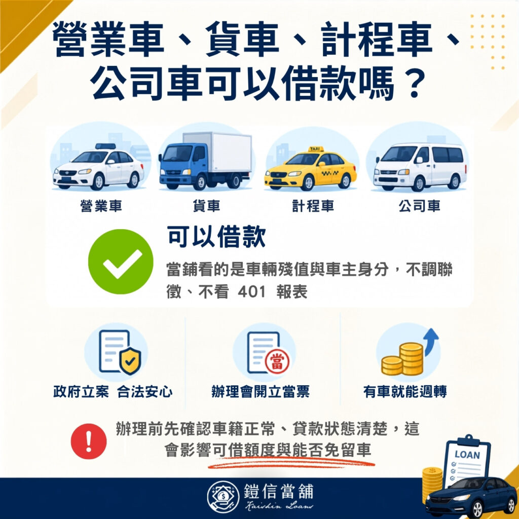 營業車、貨車、計程車、公司車可以借款嗎？