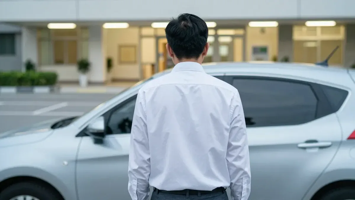 白襯衫男子站在醫院停車場的銀色汽車旁