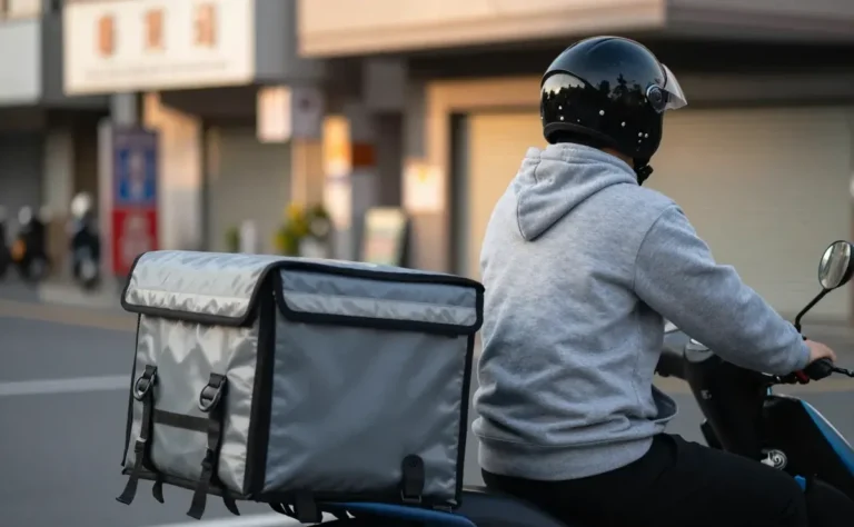 穿灰色帽T的外送員背著保溫箱騎在機車上